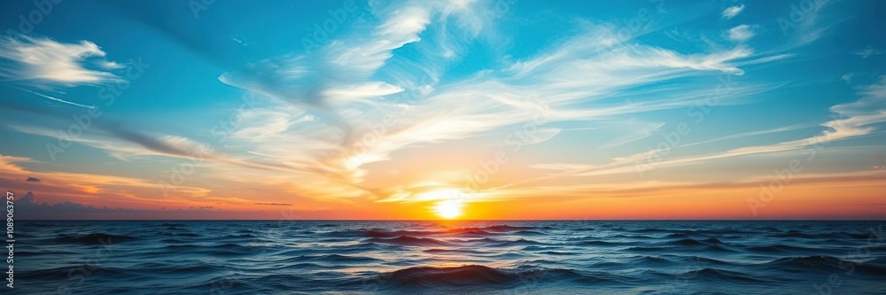 A vibrant sunset sky over the ocean is set against a backdrop of soft blues and whites as the sun's rays dance across the waves, sunset sky, peaceful atmosphere A vibrant sunset sky over the ocean is set against a backdrop of soft blues and whites as the sun's rays dance across the waves, sunset sky, peaceful atmosphere