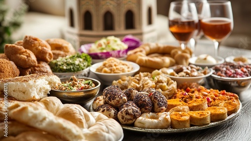 arabic food assortment, with closeup mosque background --no palm tree,,generative ai photo