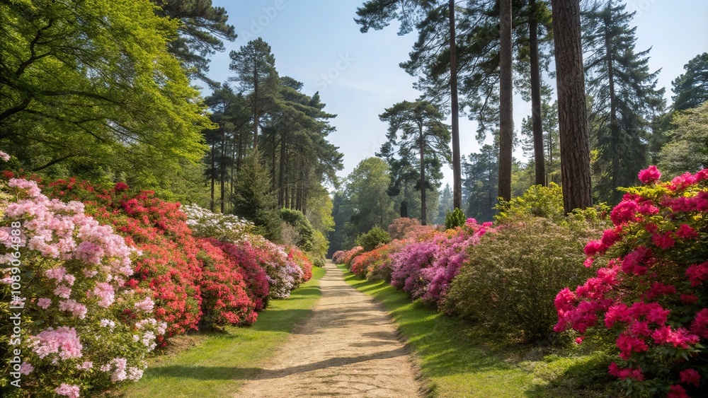 Fototapeta premium A colorful garden path lined with blooming flowers and surrounded by tall trees and lush greenery, ornamental plants, , colorful garden path, pathway, gardening style