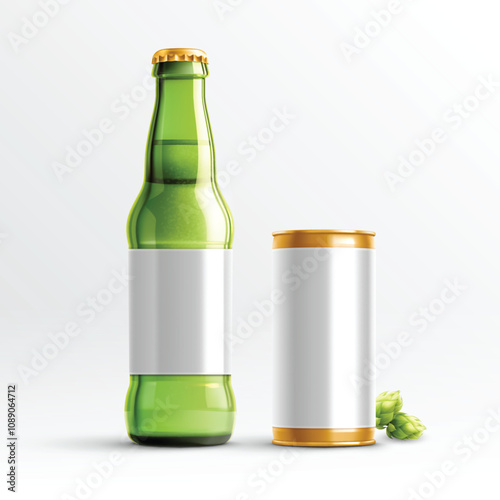 Beer Bottle and Can with Hops