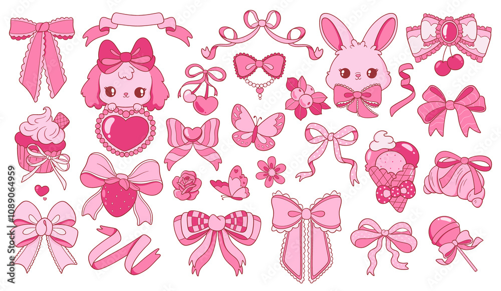 Cute Pink Bow and Sweet Treat Illustrations Cute Pink Bow and Sweet Treat Illustrations