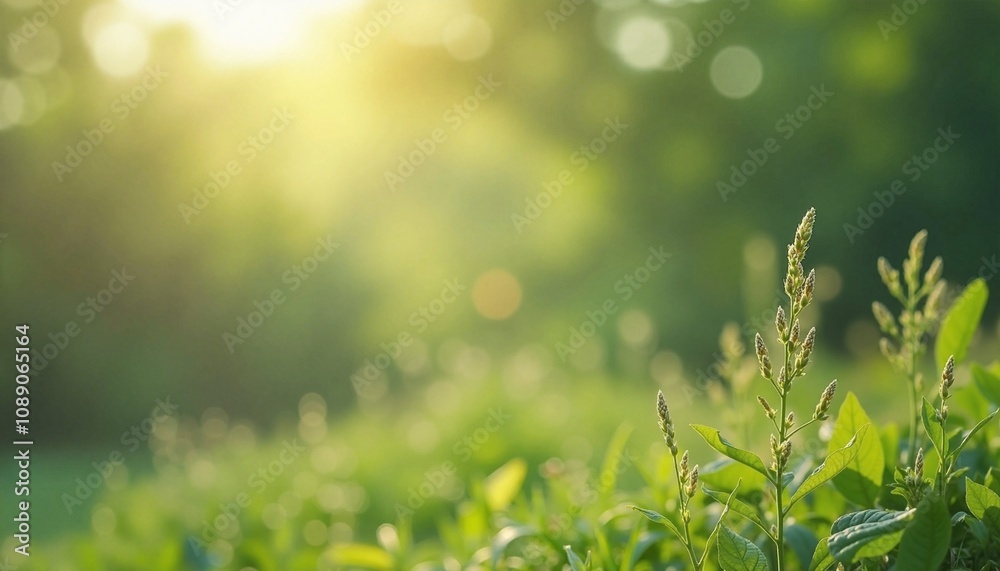 Sunlit Grass Blades Serenely Growing Against Blurred Green Nature Background with Copy Space Sunlit Grass Blades Serenely Growing Against Blurred Green Nature Background with Copy Space