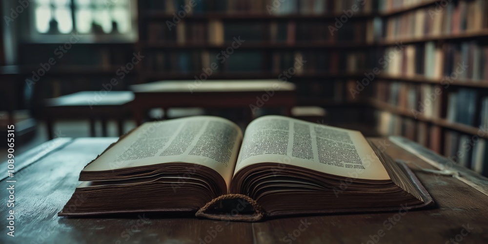 An aged book sits open on a library table with shelves filled, embodying knowledge and silent contemplation. An aged book sits open on a library table with shelves filled, embodying knowledge and silent contemplation.