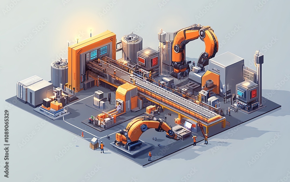 Vector art of a factory in isometric view, mechanized conveyor production line, robots and plant workers, electronic factory concept Vector art of a factory in isometric view, mechanized conveyor production line, robots and plant workers, electronic factory concept