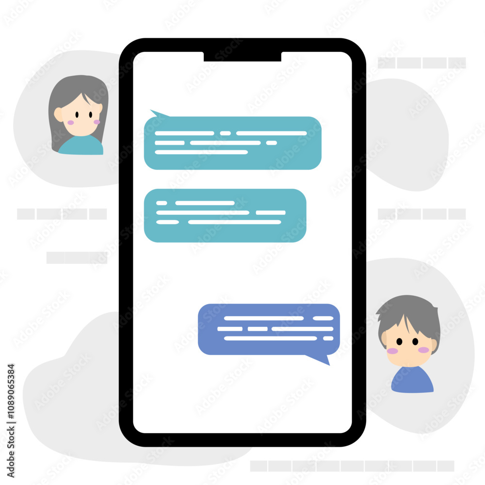 Modern Vector Illustration of People Engaging in Online Communication: A Man and Woman Discussing via Chat on Smartphones. This Flat Design Concept Highlights the Role of Mobile Technology.