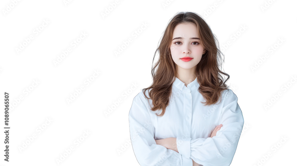 A young woman with long hair poses confidently in a white shirt. Transparent background. A young woman with long hair poses confidently in a white shirt. Transparent background.
