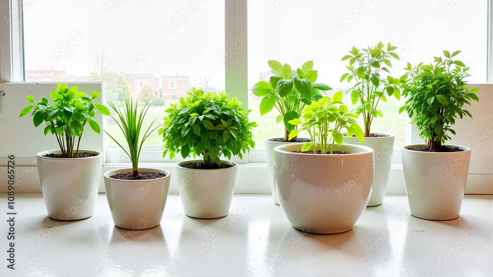 Potted herbs on bright windowsill Potted herbs on bright windowsill