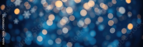 A dramatic and eye-catching bokeh effect of snowflakes and Christmas lights scattered across a deep blue abstract particle background with golden accents, lights, gold