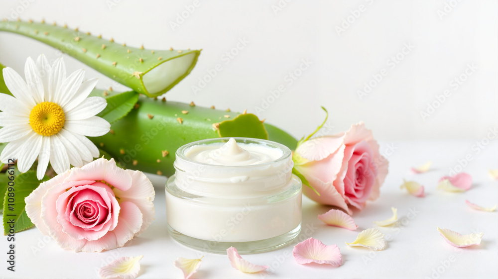 Aloe vera with cream and pink roses Aloe vera with cream and pink roses