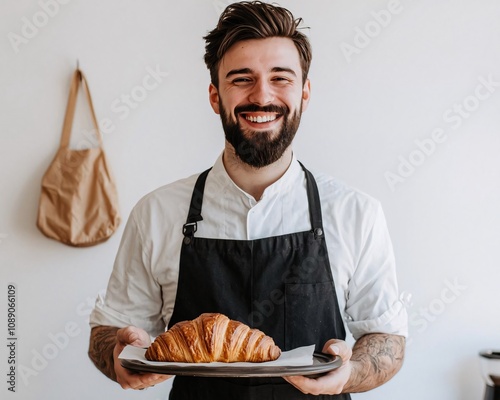 A joyful baker proudly displays a freshly baked croissant, showcasing skill and passion in a bright kitchen. photo