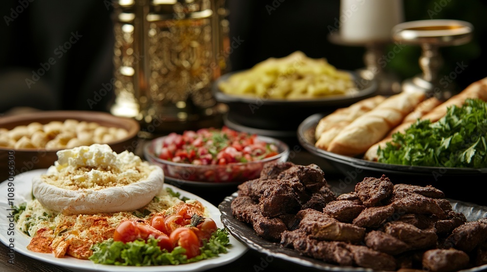 arabic food assortment, with closeup mosque background --no palm tree,,generative ai arabic food assortment, with closeup mosque background --no palm tree,,generative ai