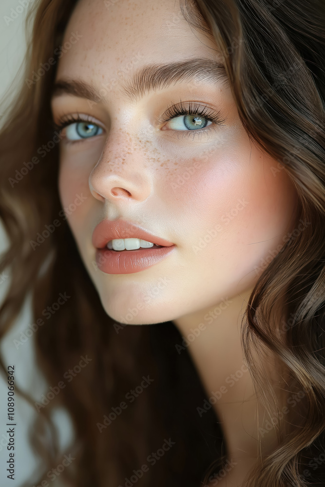 Obraz premium closeup of a beautiful young woman with clear blue eyes and wavy brown hair, featuring a natural makeup look and subtle freckles for a fresh and youthful appearance