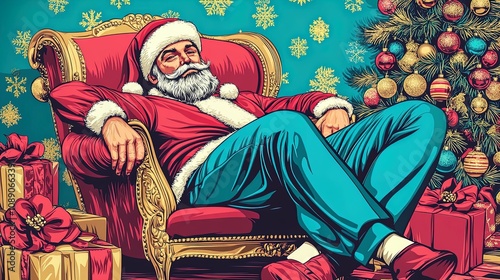 Cozy Santa in Antique Armchair: Perfect Poster for Holiday Decor, Capturing the Festive Spirit with Golden Hues and Joyous Atmosphere After Delivering Gifts!