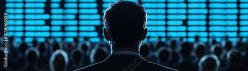 A silhouette of a speaker in front of an engaged audience, showcasing the dynamic energy of a corporate presentation.