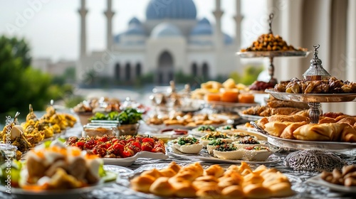 arabic food assortment, with closeup mosque background --no palm tree,,generative ai photo