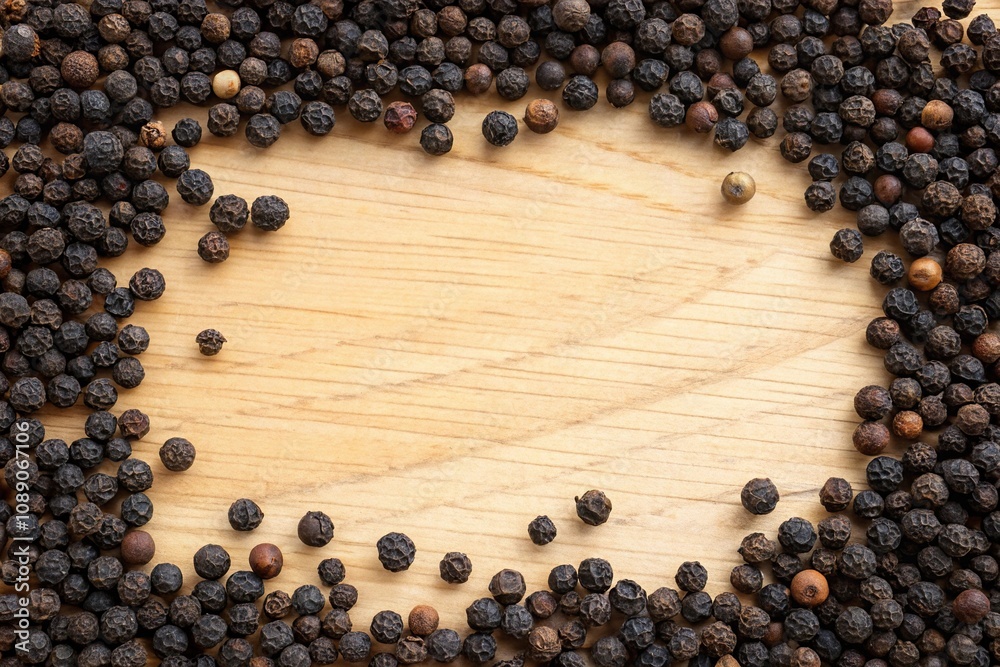 A large collection of black pepper seeds forming a collage-like design on a wooden board, rustic decor, seed arrangement, food decoration, natural elements A large collection of black pepper seeds forming a collage-like design on a wooden board, rustic decor, seed arrangement, food decoration, natural elements