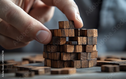 Hand setting the final wooden puzzle piece, logical thinking and decisionmaking concept, problemsolving visualization, intellectual challenge