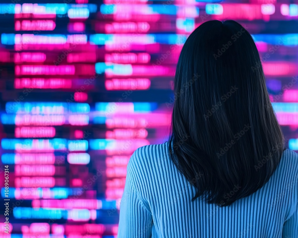 A woman gazes at a colorful digital screen displaying data, representing modern technology and innovation. A woman gazes at a colorful digital screen displaying data, representing modern technology and innovation.