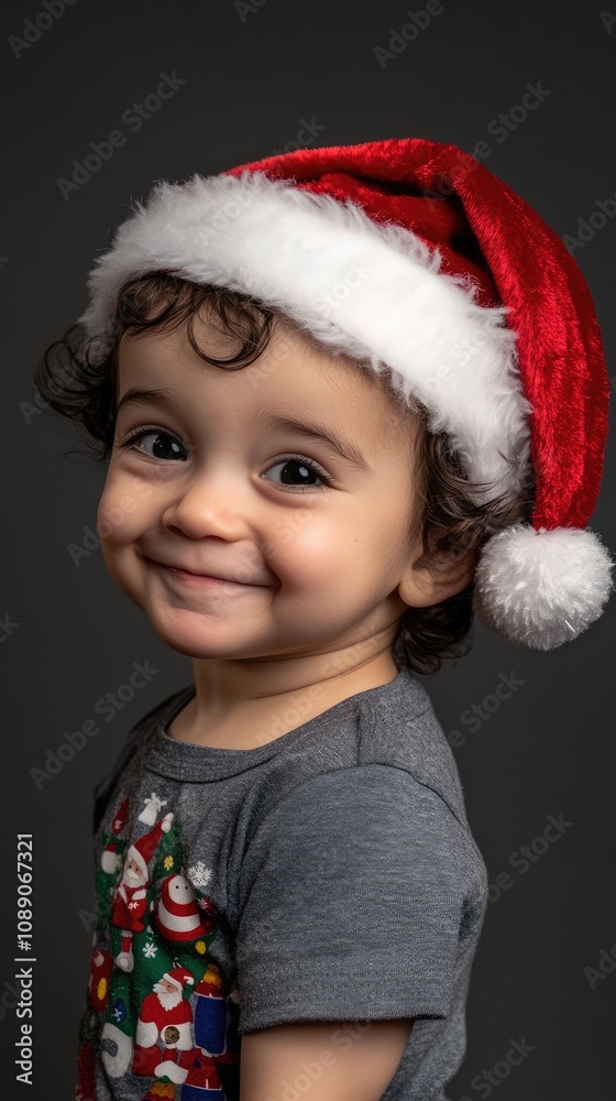 A cheerful child wearing a festive red Santa hat stands against a neutral backdrop, conveying a joyful holiday spirit ideal for Christmas cards, ads, and seasonal promotions A cheerful child wearing a festive red Santa hat stands against a neutral backdrop, conveying a joyful holiday spirit ideal for Christmas cards, ads, and seasonal promotions