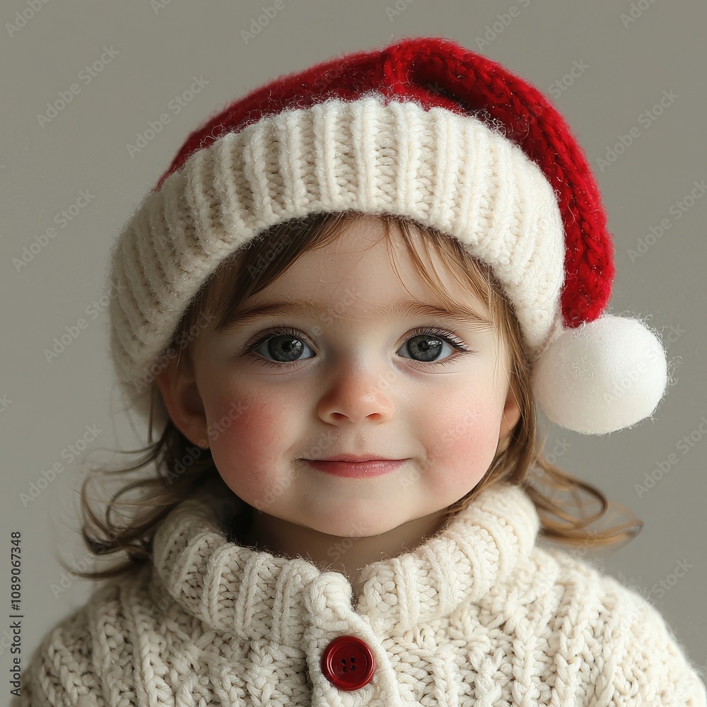 Cute child with big eyes and a warm smile wears a red Santa hat and cozy sweater, capturing the joyful spirit of Christmas and New Year celebrations in a simple setting Cute child with big eyes and a warm smile wears a red Santa hat and cozy sweater, capturing the joyful spirit of Christmas and New Year celebrations in a simple setting