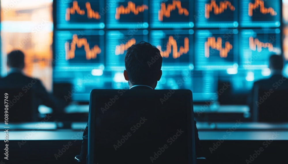 Business professional analyzes market trends on multiple monitors, capturing the essence of modern finance.