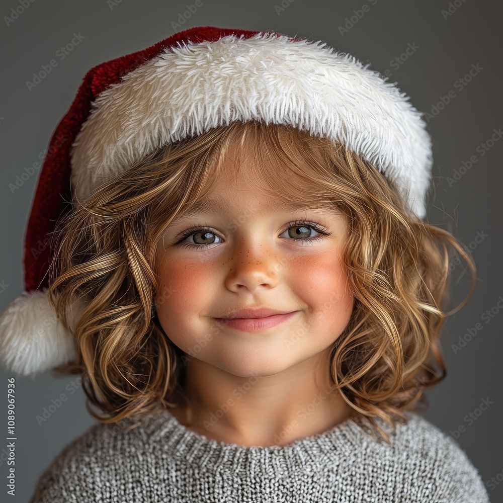 A charming child with curly hair wears a fluffy Christmas red Santa hat, radiating joy in a simple monochrome backdrop, ideal for holiday cards and festive advertisements A charming child with curly hair wears a fluffy Christmas red Santa hat, radiating joy in a simple monochrome backdrop, ideal for holiday cards and festive advertisements