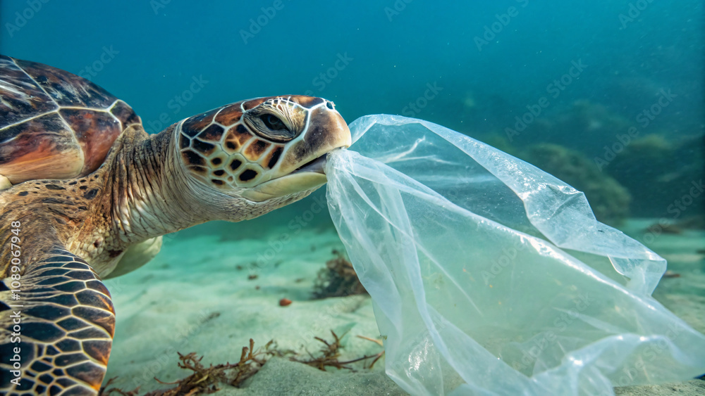 Fototapeta premium sea turtle swimming underwater with plastic bag in its mouth, highlighting impact of pollution on marine life. scene evokes concern for ocean health and wildlife