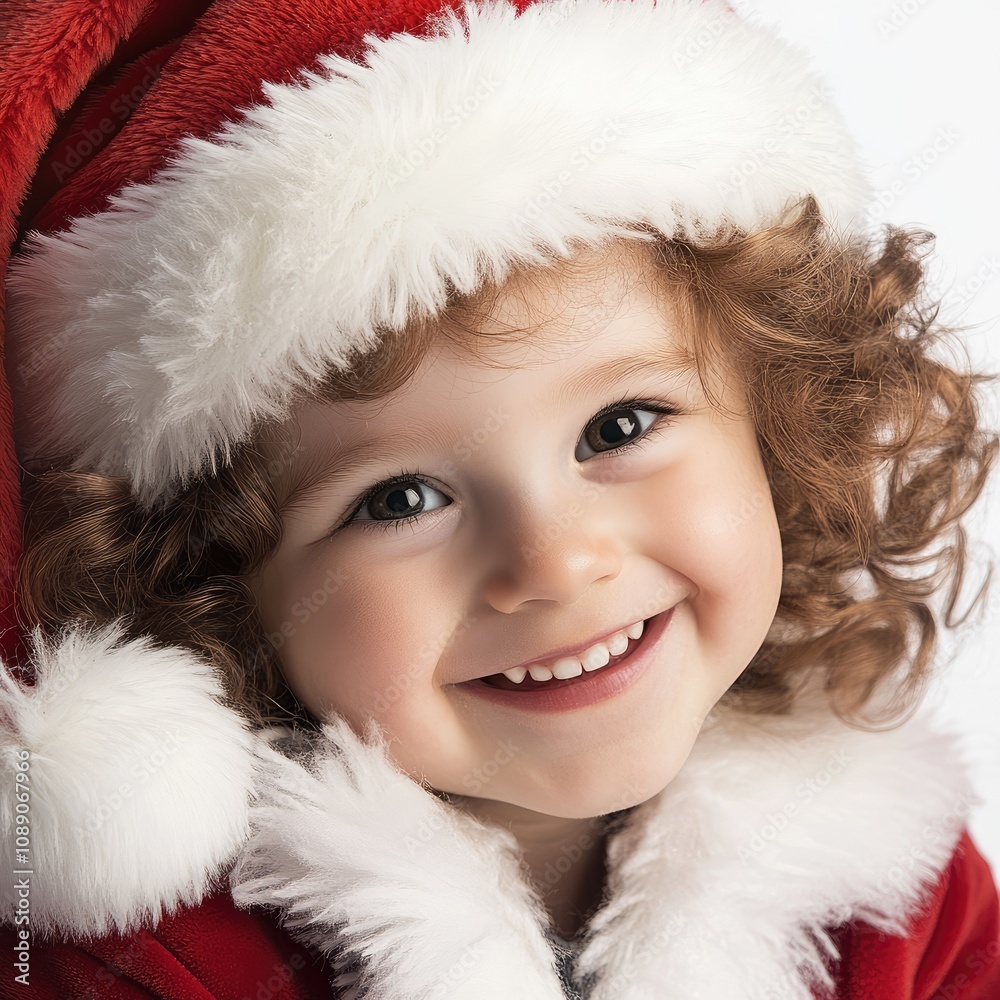 A cheerful child in a bright red Santa hat smiles against a simple backdrop, capturing the festive spirit, perfect for holiday cards and ads A cheerful child in a bright red Santa hat smiles against a simple backdrop, capturing the festive spirit, perfect for holiday cards and ads