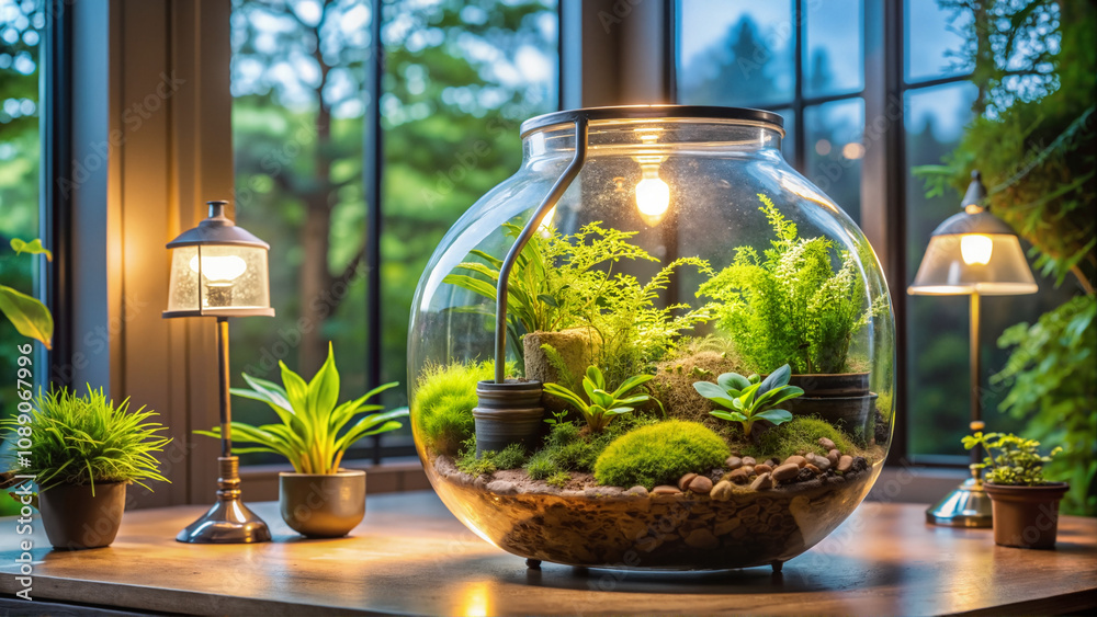 Terrarium with moss and ferns near window Terrarium with moss and ferns near window