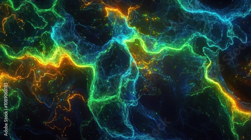 Vibrant, abstract pattern with swirling, luminous streams of green and yellow light on a black background, resembling cosmic energy or a futuristic digital landscape