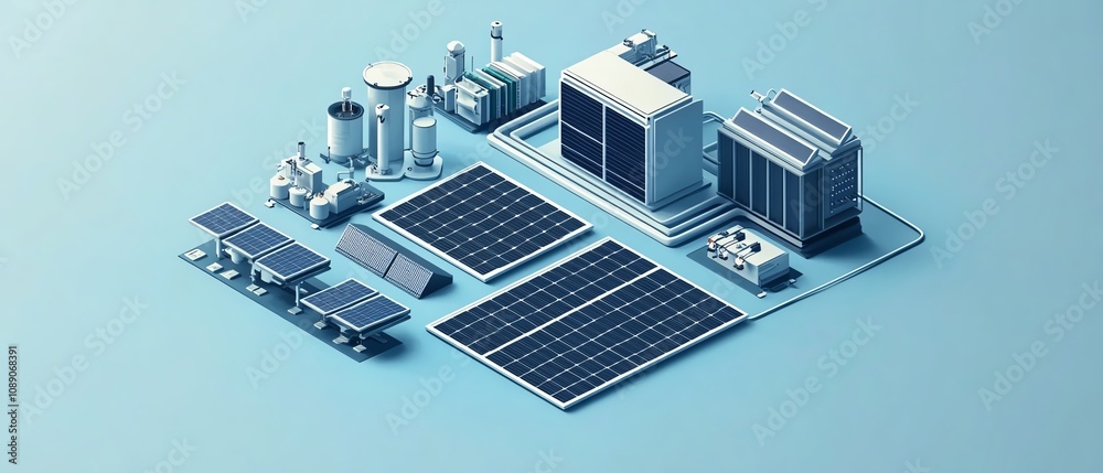 Isometric view of solar cell equipment, ongrid inverter system diagram, solar energy plant components, modern renewable technology illustration Isometric view of solar cell equipment, ongrid inverter system diagram, solar energy plant components, modern renewable technology illustration
