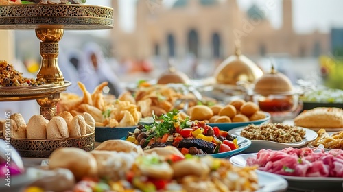 arabic food assortment, with closeup mosque background --no palm tree,,generative ai photo