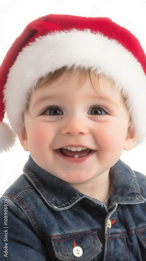 A delightful child wearing a bright red Santa hat smiles joyfully with a simple monochrome backdrop. This captures the spirit of Christmas and adds warmth to holiday greetings and advertisements A delightful child wearing a bright red Santa hat smiles joyfully with a simple monochrome backdrop. This captures the spirit of Christmas and adds warmth to holiday greetings and advertisements