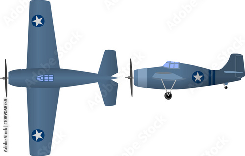 WW2 Fighter Airplane. Side and top view. In the style of a Wildcat plane.