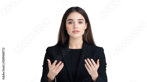 A woman in a suit gestures, conveying a message or idea. Transparent background.