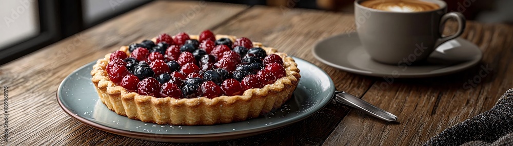 Freshly baked berry tart on a wooden table beside a cup of coffee, creating a warm and inviting atmosphere. Freshly baked berry tart on a wooden table beside a cup of coffee, creating a warm and inviting atmosphere.
