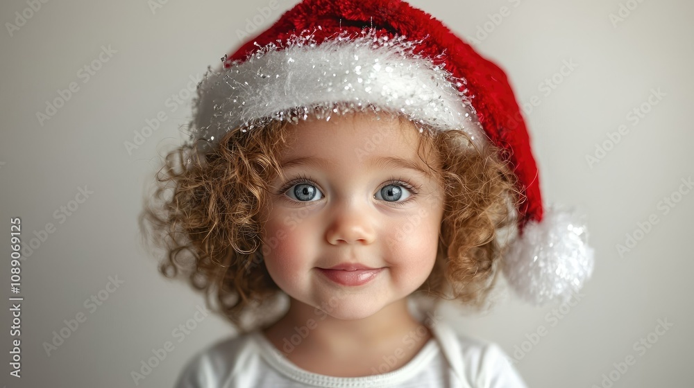 Smiling child wearing a bright red Santa hat stands against a soft monochrome background, capturing the joyful spirit of the holiday season. Ideal for festive cards and advertisements Smiling child wearing a bright red Santa hat stands against a soft monochrome background, capturing the joyful spirit of the holiday season. Ideal for festive cards and advertisements