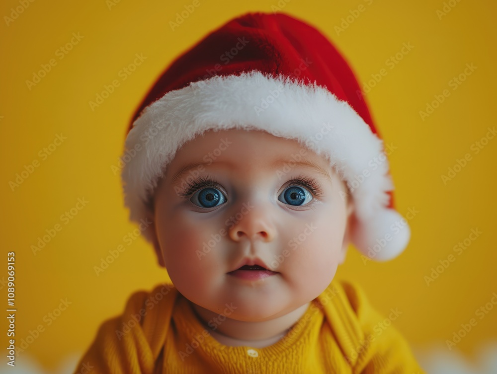 A child dressed in a vibrant yellow outfit and a red Santa hat brightens the atmosphere with wide blue eyes. Ideal for holiday cards and Christmas-themed campaigns A child dressed in a vibrant yellow outfit and a red Santa hat brightens the atmosphere with wide blue eyes. Ideal for holiday cards and Christmas-themed campaigns
