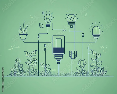 Sketchstyle continuous line art, green energy plug concept, sustainable battery charging, power storage, ecofriendly global energy solution photo