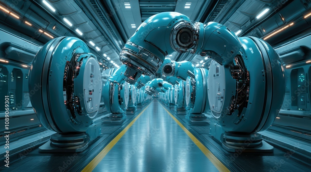 Futuristic robotic arms in a long, sleek corridor. Futuristic robotic arms in a long, sleek corridor.