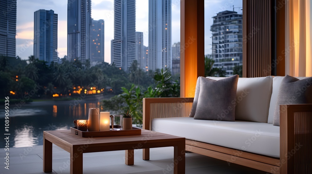 Obraz premium A romantic rooftop terrace setup overlooking the city lights, complete with soft music and drinks