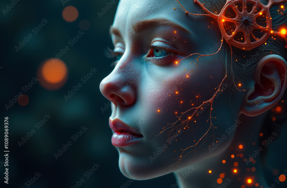 portrait of a girl with Abstract microscopic neural connections mycelium background nervous mind brain system meaning