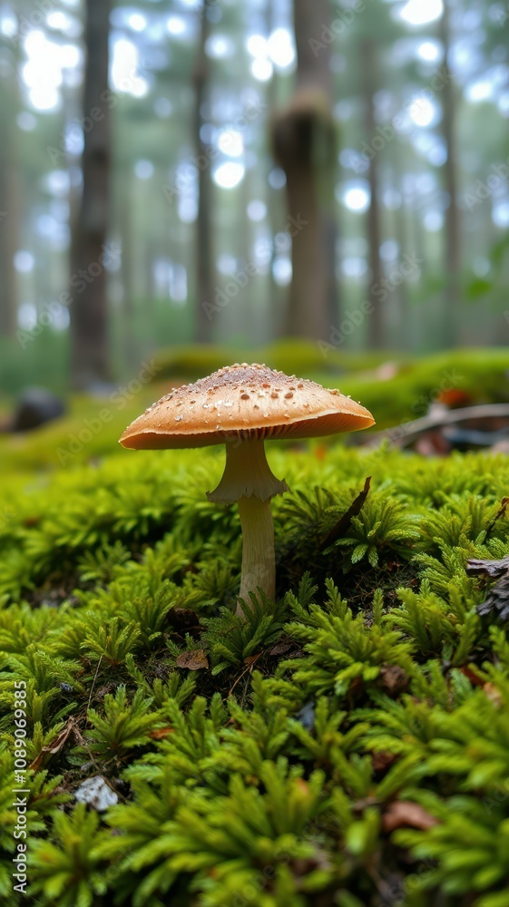 A single mushroom grows amidst vibrant green moss in a quiet forest during the day A single mushroom grows amidst vibrant green moss in a quiet forest during the day
