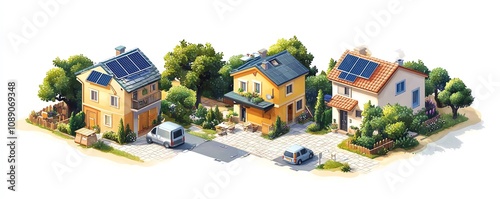 Solar energy system diagram, isometric perspective, solar cell equipment, ongrid inverter components, efficient energy production design photo