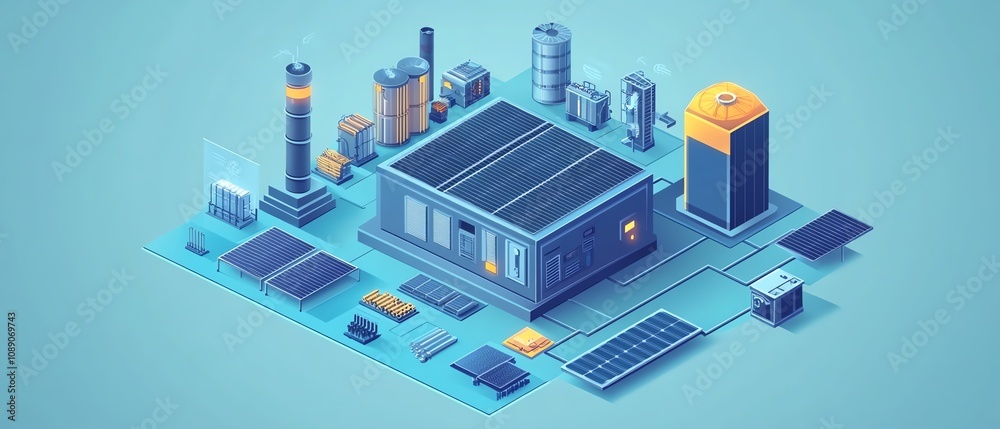 Vector illustration of a solar cell equipment component, isometric perspective, ongrid inverter system diagram, solar plant energy design Vector illustration of a solar cell equipment component, isometric perspective, ongrid inverter system diagram, solar plant energy design