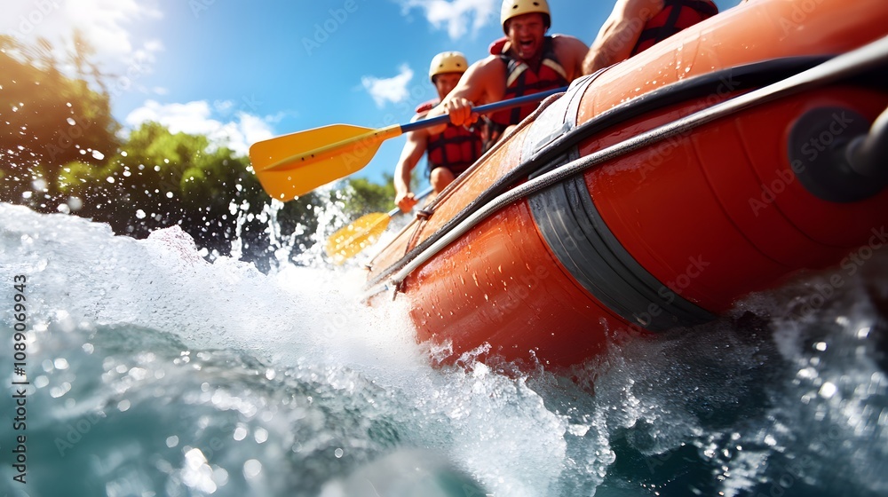 Fototapeta premium Whitewater rafting down a powerful river, with splashing waves and intense action