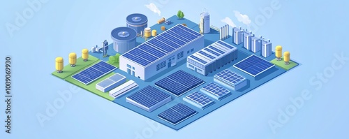 Vector illustration of solar plant infrastructure, solar cell equipment, ongrid inverter system, isometric perspective, clean renewable energy