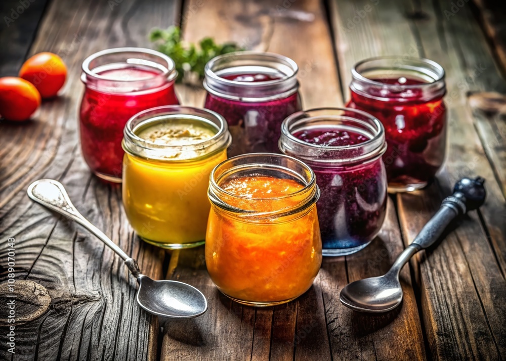 A Beautiful Arrangement of Glass Jars Filled with Colorful Jam and Elegant Spoons on a Rustic Wooden Table with Ample Copy Space for Text and Design Elements A Beautiful Arrangement of Glass Jars Filled with Colorful Jam and Elegant Spoons on a Rustic Wooden Table with Ample Copy Space for Text and Design Elements