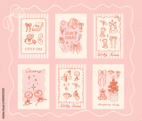 Collection of Merry Christmas cards in trendy coquette style. Girly winter poster design. Bows, ribbons, festive decorative elements, backgrounds, frames. Whimsical hand drawn illustrations, vector