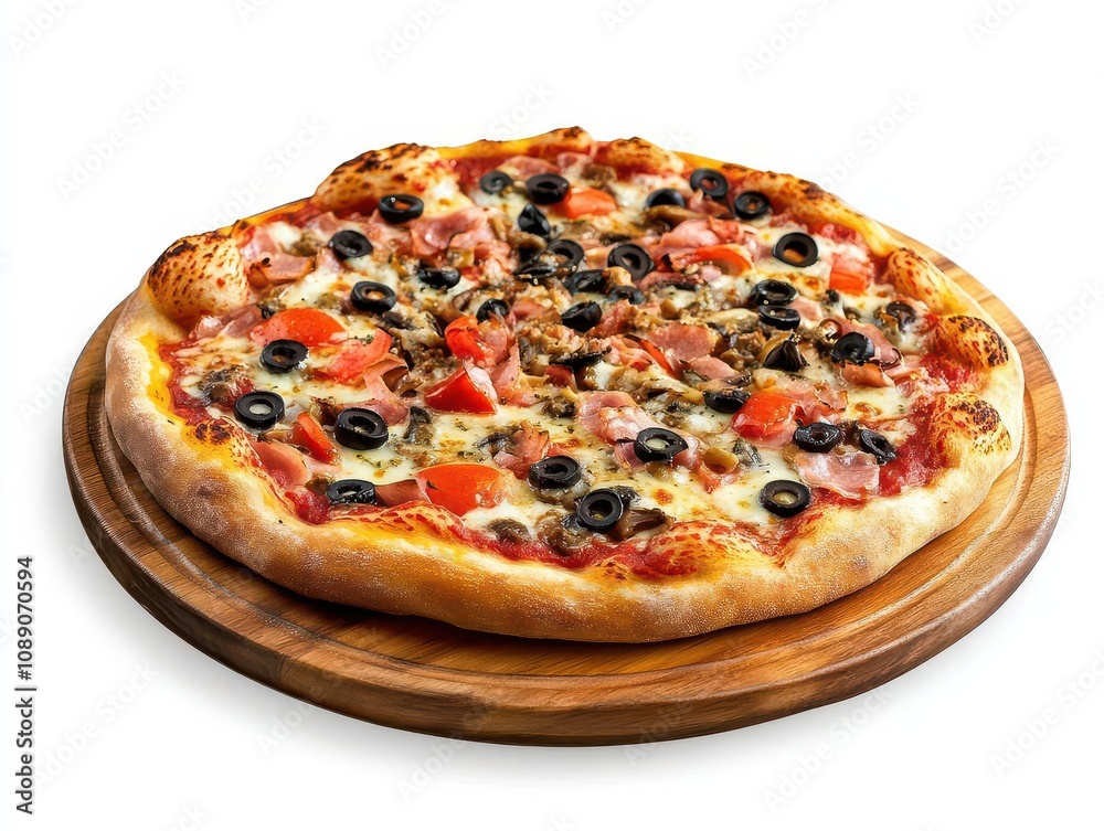 savory pizza rests on a rustic wooden plate, beautifully arranged with vibrant toppings, isolated against a pure white background that highlights its deliciousness savory pizza rests on a rustic wooden plate, beautifully arranged with vibrant toppings, isolated against a pure white background that highlights its deliciousness